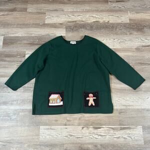 Vintage Bedford Fair Green Fleece Tunic Sweater with Gingerbread Appliqués